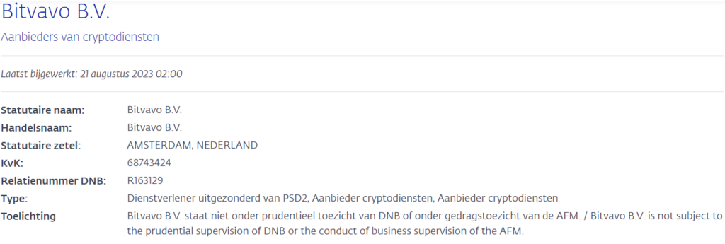 DNG registratie crypto platform Bitvavo