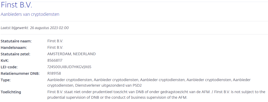 Welke ervaring DNB registratie crypto platform Finst